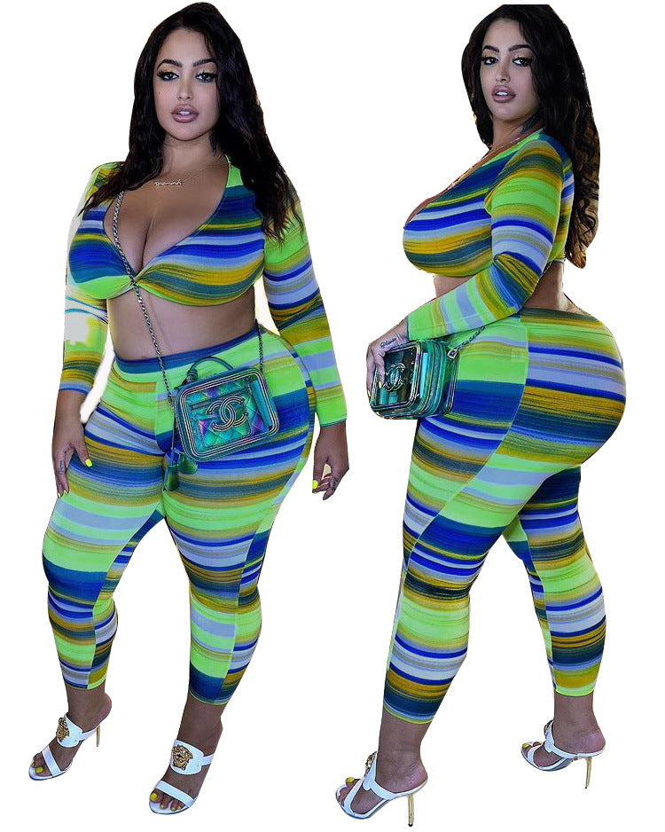 BamBam Plus Size Women Sexy Printed Striped Long Sleeve Top and Pants Two-piece Set - BamBam