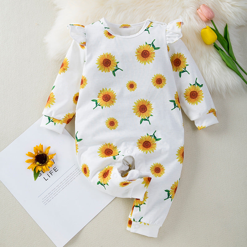 BamBam Baby Girl Printed Polka Dot Sunflower Long Sleeve Romper - BamBam