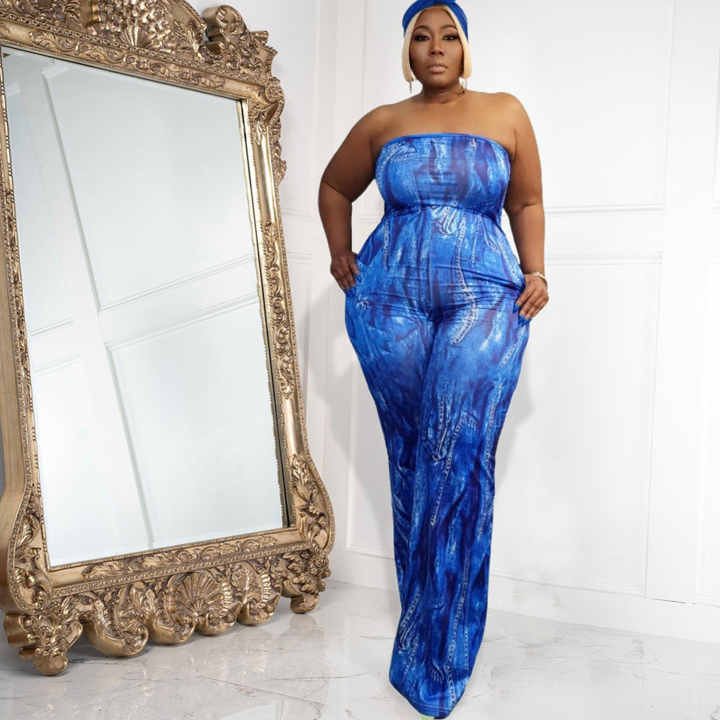 BamBam Plus Size Women Sexy Strapless Printed Wide Leg Jumpsuit - BamBam Clothing