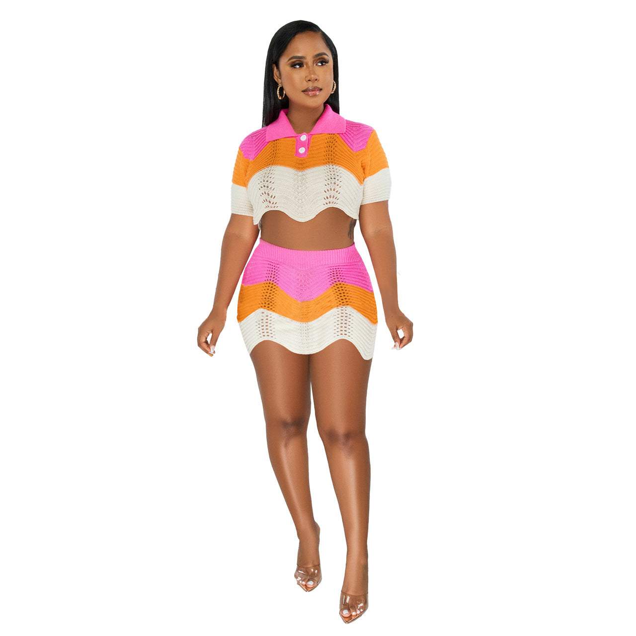 BamBam Women Kintting Colorblock Crop Top and Skrit Two-piece Set - BamBam