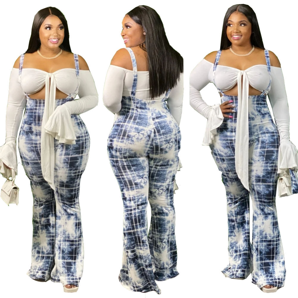 Plus Size Tie Dye High Waist Suspender Plaid Pants