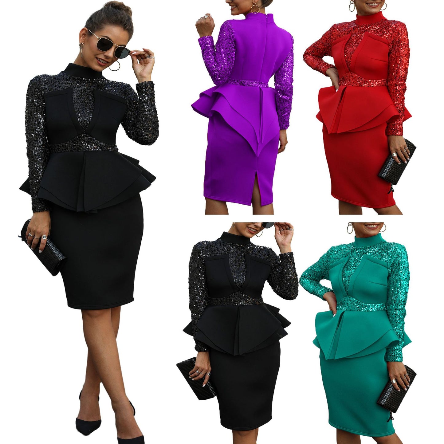 Women's Solid Sequin Dress Long Sleeve Ruffle Evening Dress Low Waist