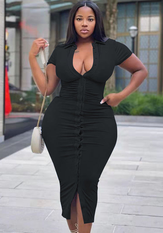 Women Summer Black Casual Turn-down Collar Short Sleeves Solid Button Midi Sheath Plus Size Long Dress