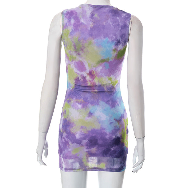 BamBam Women's Summer Round Sleeveless Tie Dye Mesh Dress - BamBam Clothing