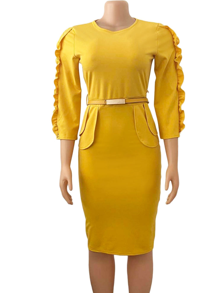 BamBam Spring African Yellow Round Neck Three Quarter Sleeve Ruffles With Belt Office Dress - BamBam