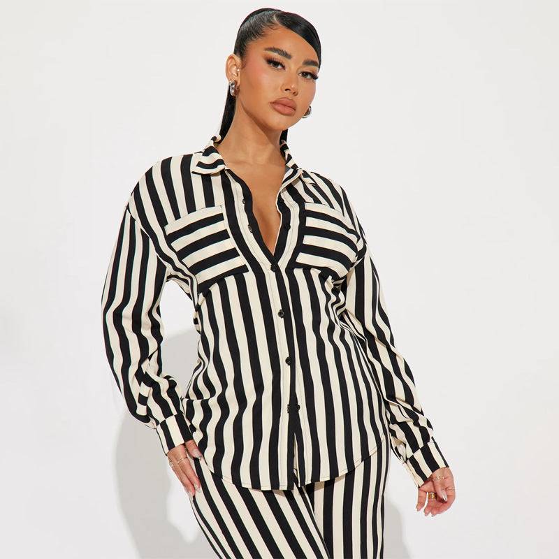 BamBam Women's Two Piece Fashion Casual Striped Button-Up Shirt Pants Two Piece Set - BamBam