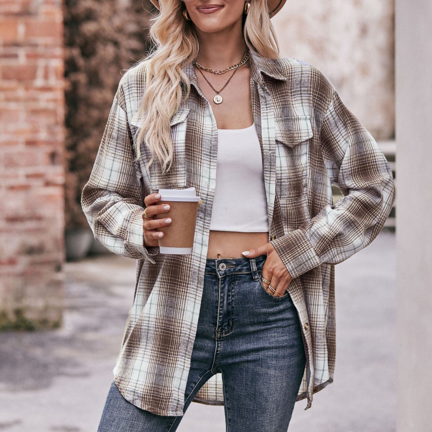 BamBam Women Casual oversize loose plaid shirt - BamBam