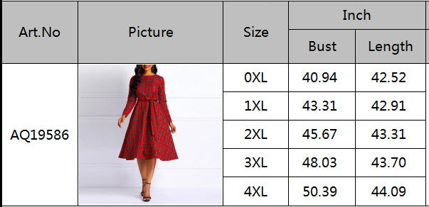 BamBam Elegant Women's Red Plaid Print Plus Size Dress Fashion Belt Midi Dress For Women - BamBam