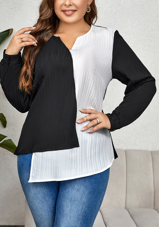 Plus Size Women Color Block Irregular Long Sleeve Shirt