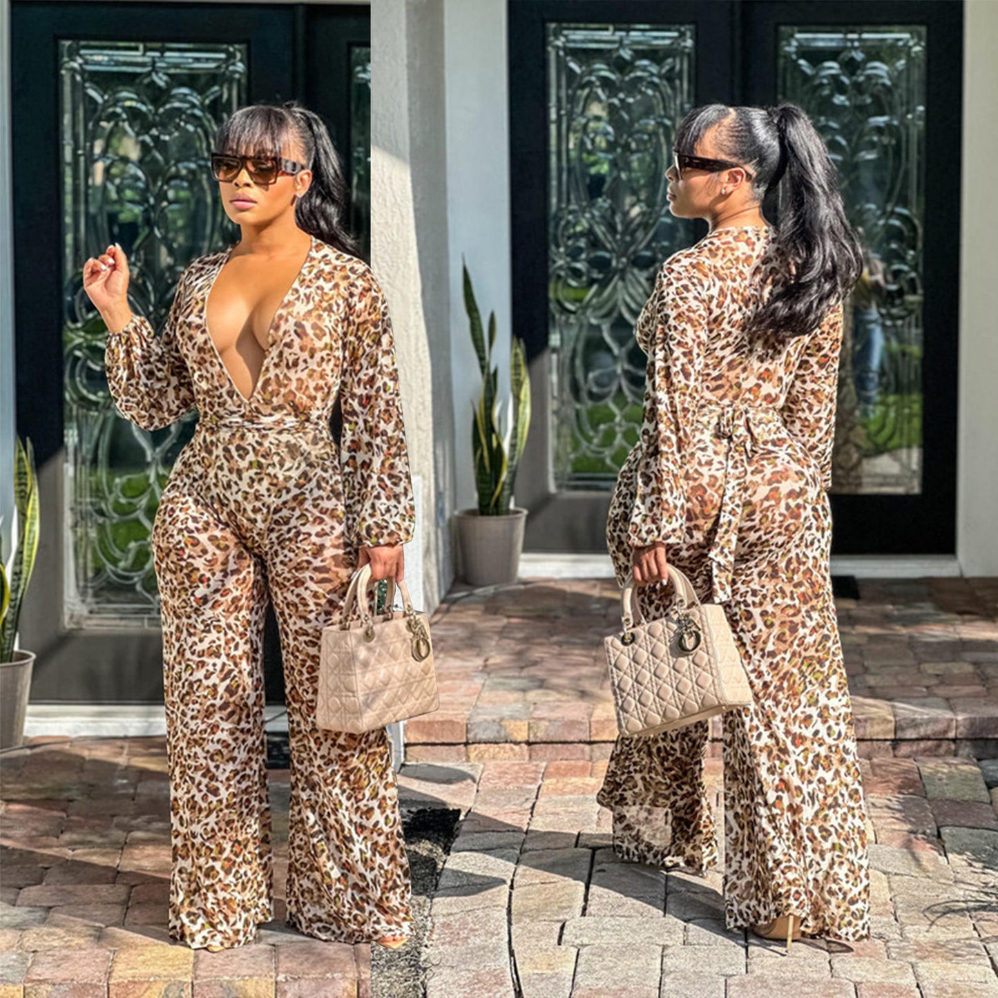 BamBam Women Sexy Leopard Print Long Sleeve Jumpsuit - BamBam Clothing