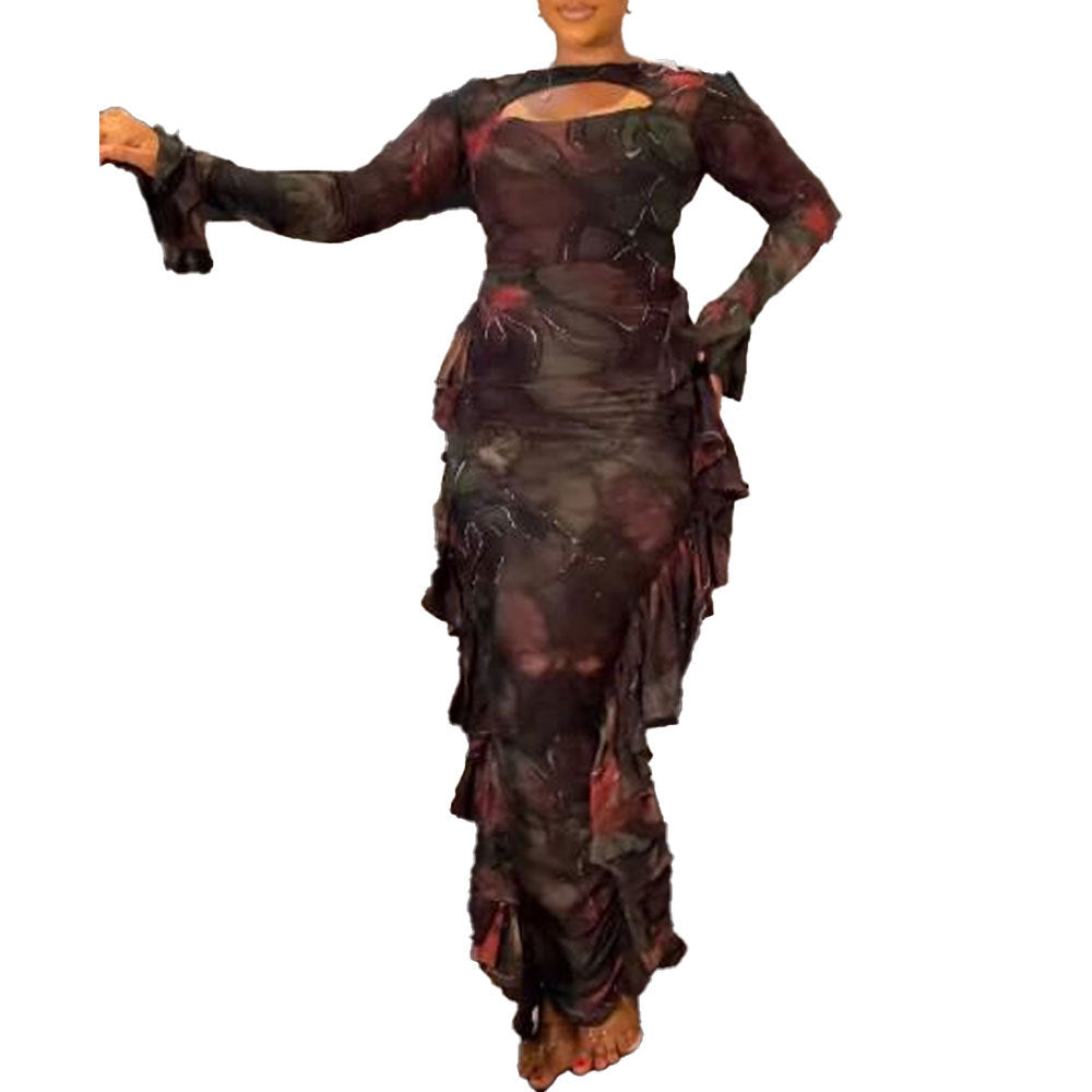 BamBam Women Irregular Print Ruffle Edge Stretch Hollow Long Sleeve Bodycon Dress - BamBam Clothing
