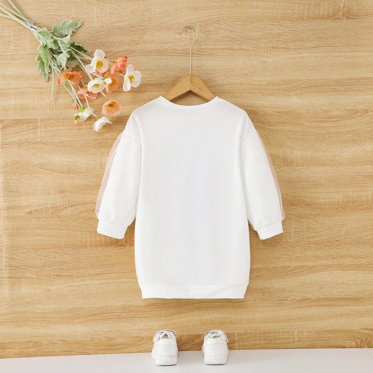 BamBam Girl Autumn Lace Sleeve Long Sleeve White Letter Print T-Shirt - BamBam