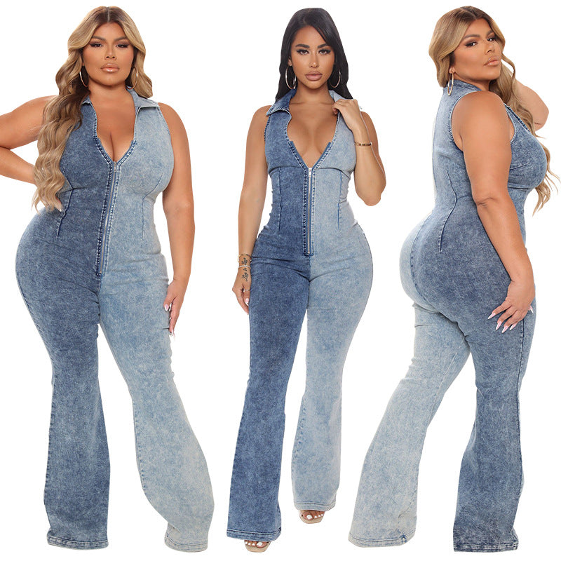 BamBam Plus Size Women's Fall Color Block Wash Sexy Denim Jumpsuit - BamBam Clothing