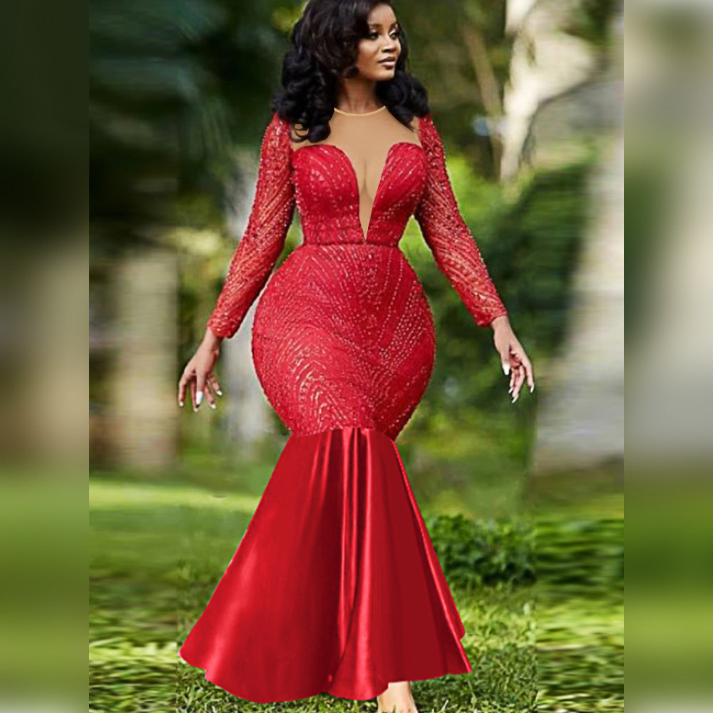 BamBam Sequin Sexy Low Cut Patchwork Mesh Dress Elegant Party Mermaid Dress - BamBam Clothing