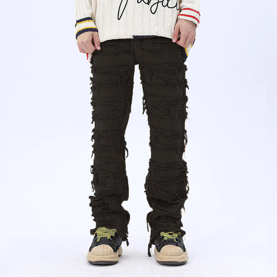 BamBam Men's Street Fashion Hot Patch Washed Ripped Trendy Straight Denim Pants - BamBam