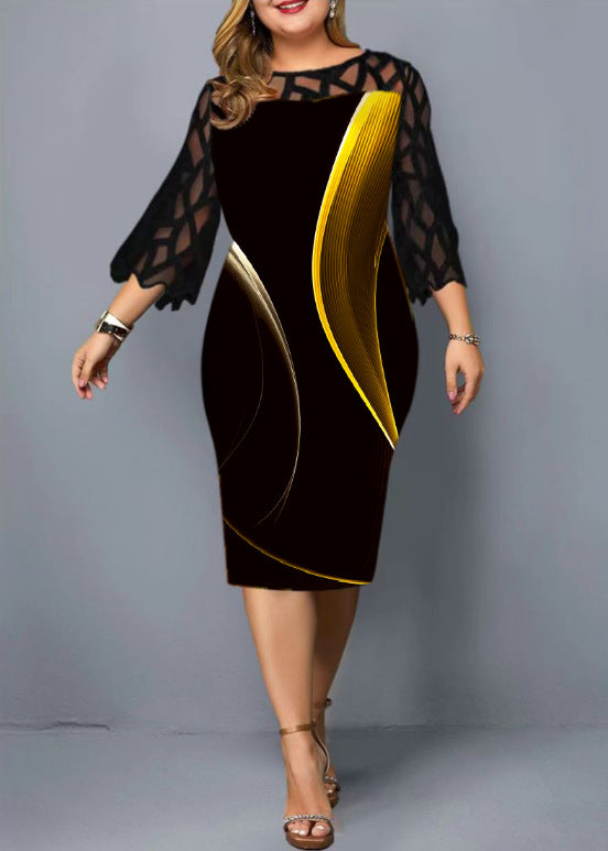 BamBam Spring Digital Printing Lace Patchwork Cropped Sleeve Dress Plus Size Ladies - BamBam