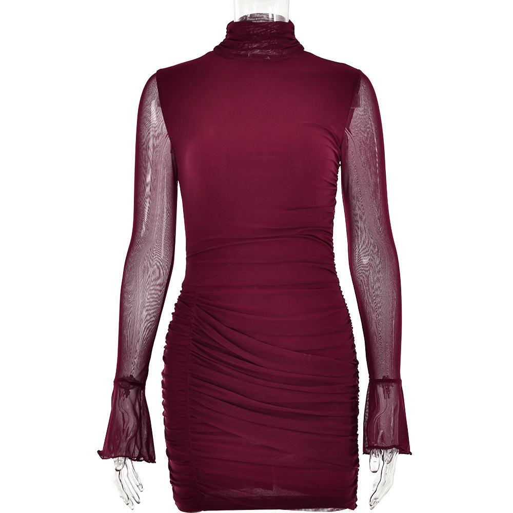 BamBam Autumn Sexy Turtleneck Bell Bottom Sleeve Slim Mesh Patchwork Pleated Bodycon Dress - BamBam Clothing