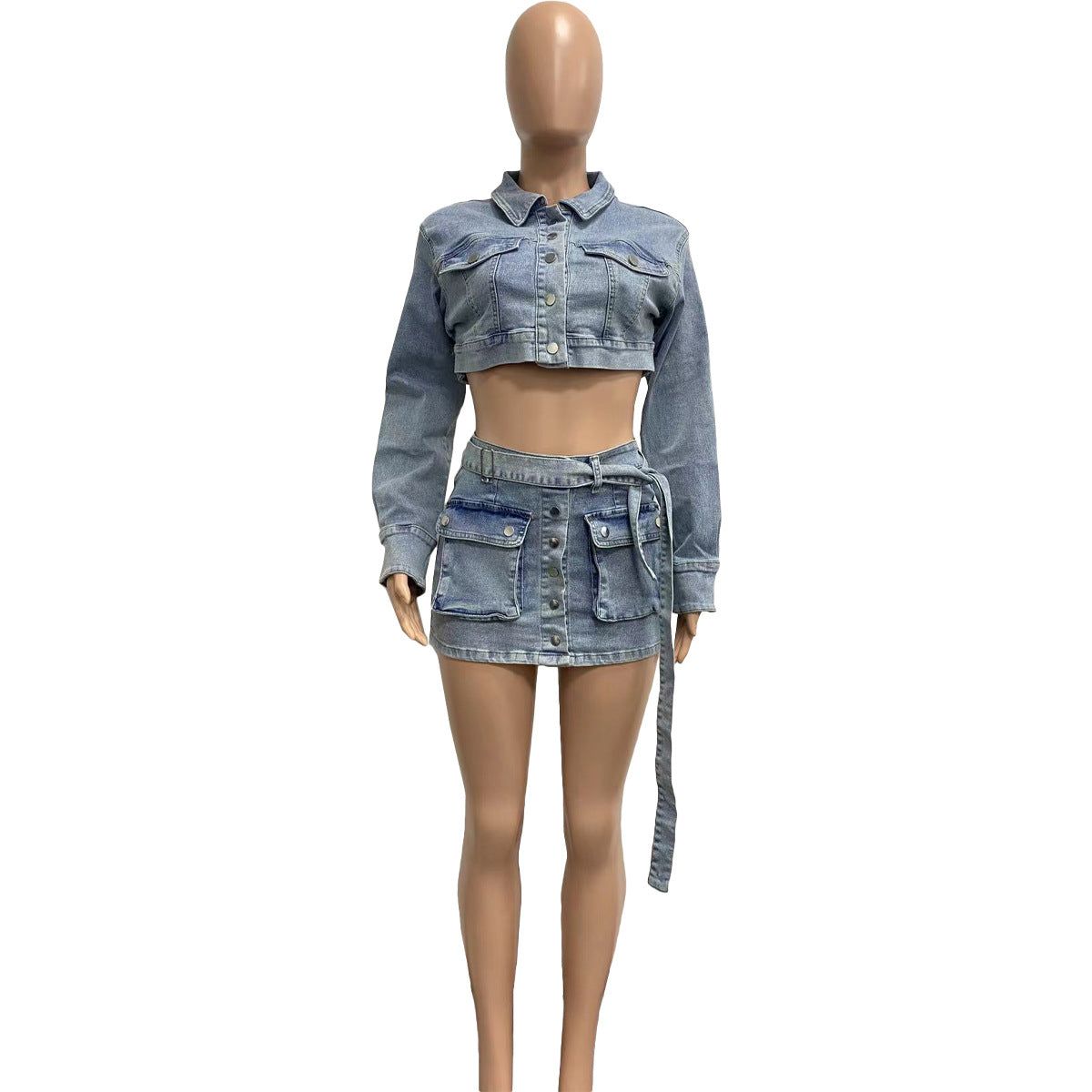 BamBam Fashion Washed Denim Belt Pocket Two Piece Skirt Suit - BamBam