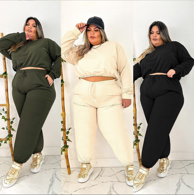 Plus Size Women Solid Hoodies and Pant Sport Casual Two-Piece Set
