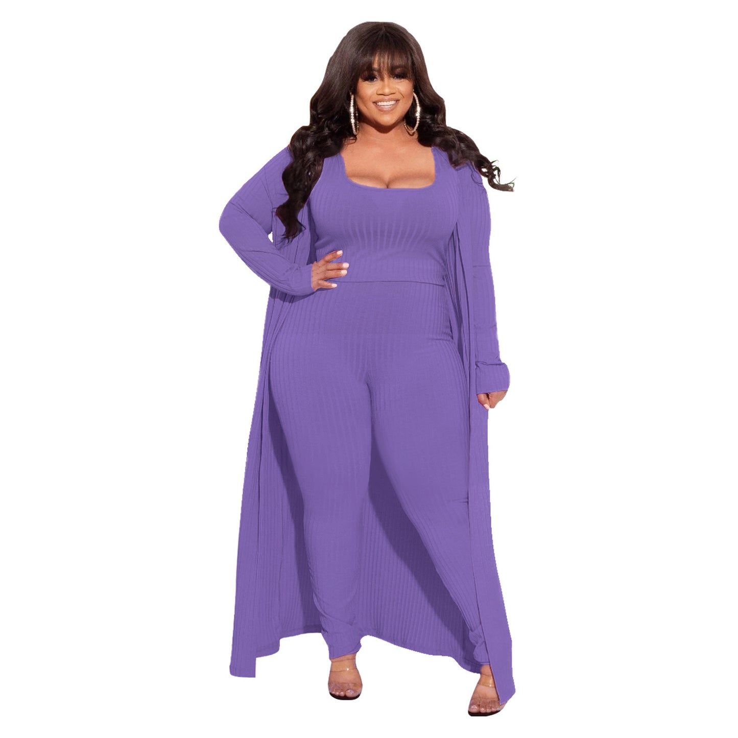 BamBam Autumn And Winter High Stretch Ribbed Three-Piece Plus Size Fashionable And Sexy Pants Set - BamBam