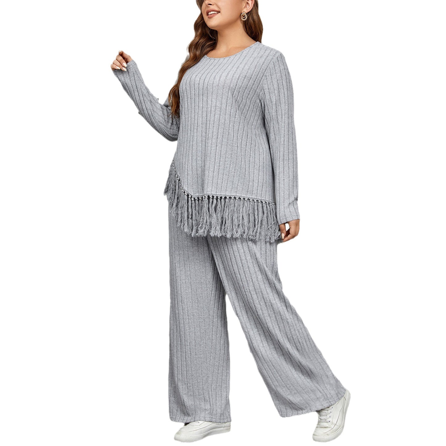 BamBam Irregular Fringed Long-Sleeved Top And Loose Wide-Leg Pants Suit - BamBam