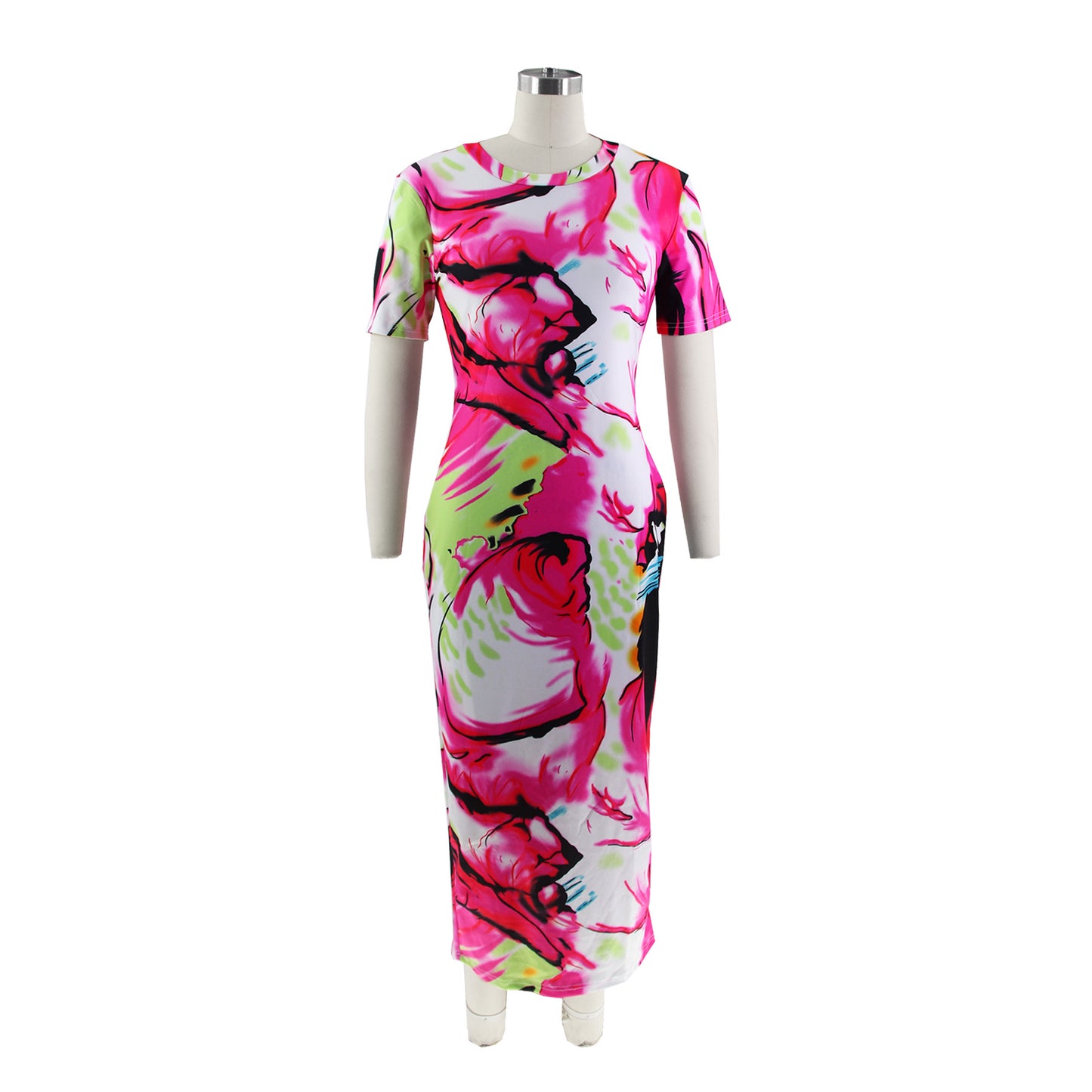 BamBam Summer Ladies Fitted Round Neck Painted Print Dress - BamBam