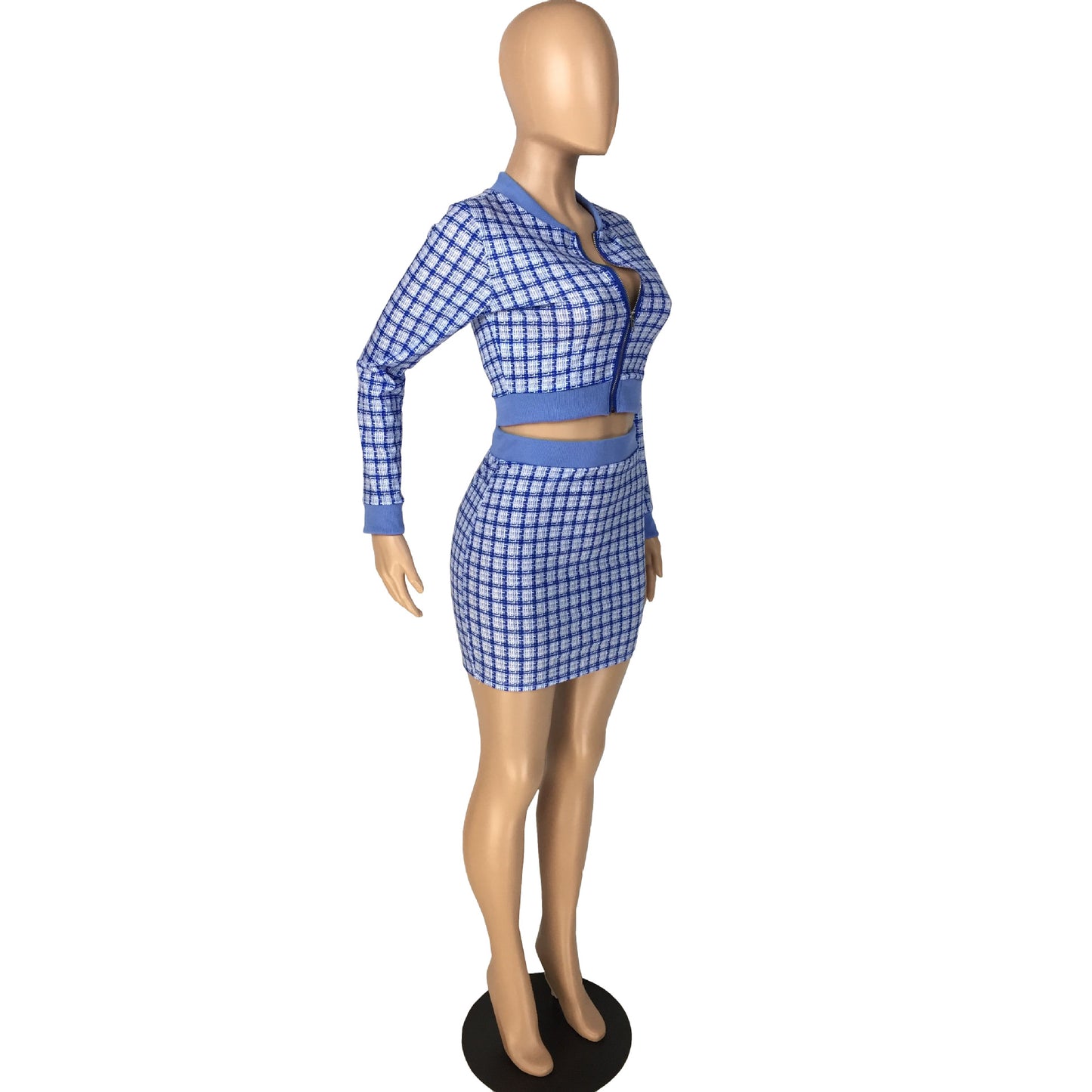 BamBam Women Plaid Ribbed Long Sleeve Top and Skirt Two-piece Set - BamBam