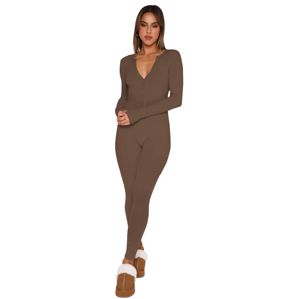 BamBam Women Fall Buttoned Half Open Collar knitting Ribbed Long Sleeve Jumpsuit - BamBam Clothing