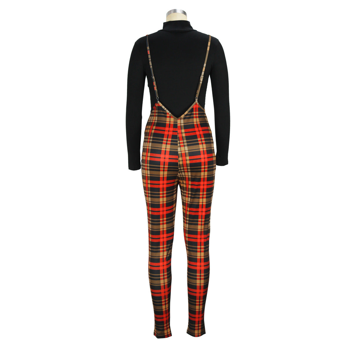 BamBam Women Casual Christmas Turtleneck Top and Plaid Overalls Two-Piece Set - BamBam