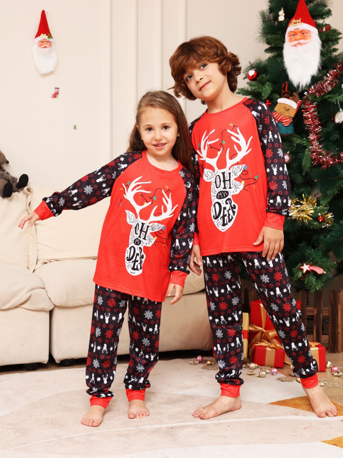 BamBam Letter Snowflake Deer Printed Christmas Parent-Child Pajamas Outfit Home Clothes - BamBam