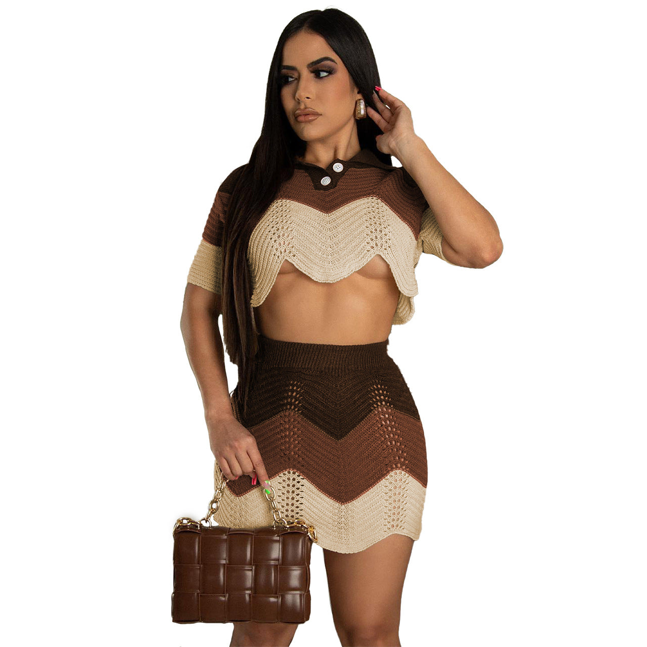 BamBam Women Kintting Colorblock Crop Top and Skrit Two-piece Set - BamBam