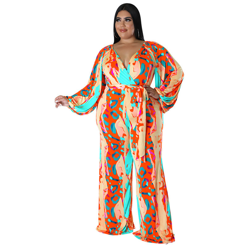 BamBam Plus Size Women Fall Print Sexy Off Shoulder Long Sleeve Jumpsuit - BamBam Clothing