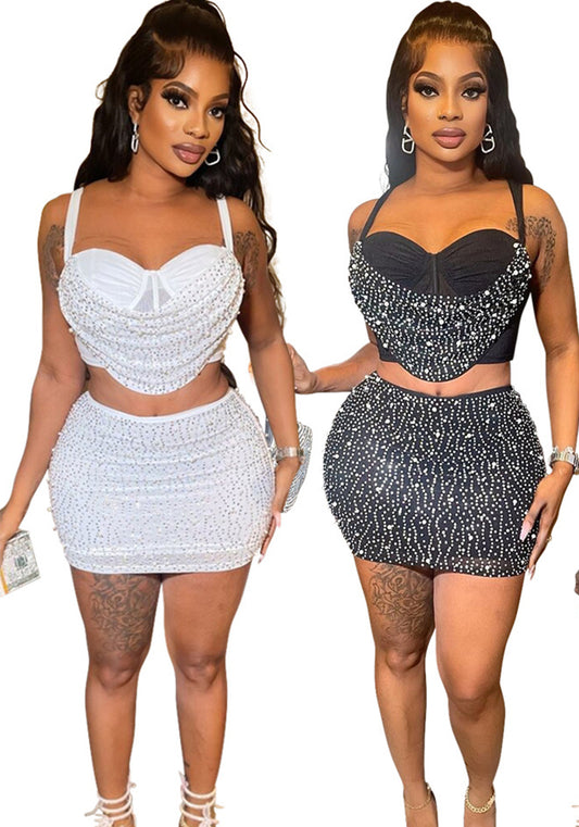 Fashionable Halter Top Bodycon Skirt Beaded Two-Piece Set For Women