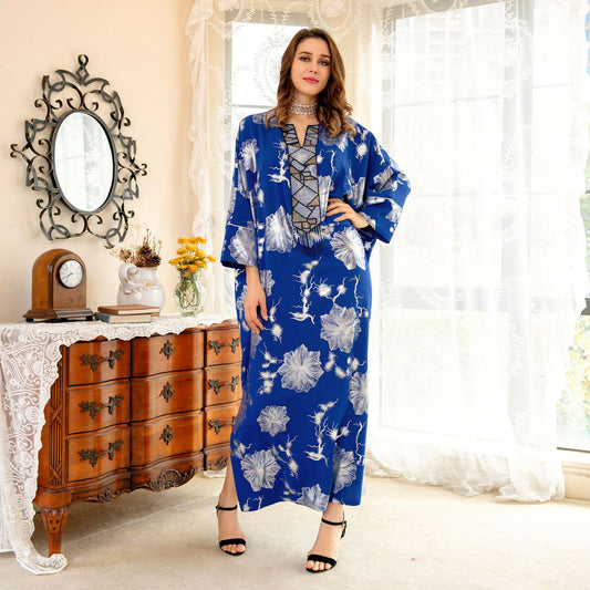 Summer Blue Bronzing Flower Beaded Logn Sleeve Ethnic Robe