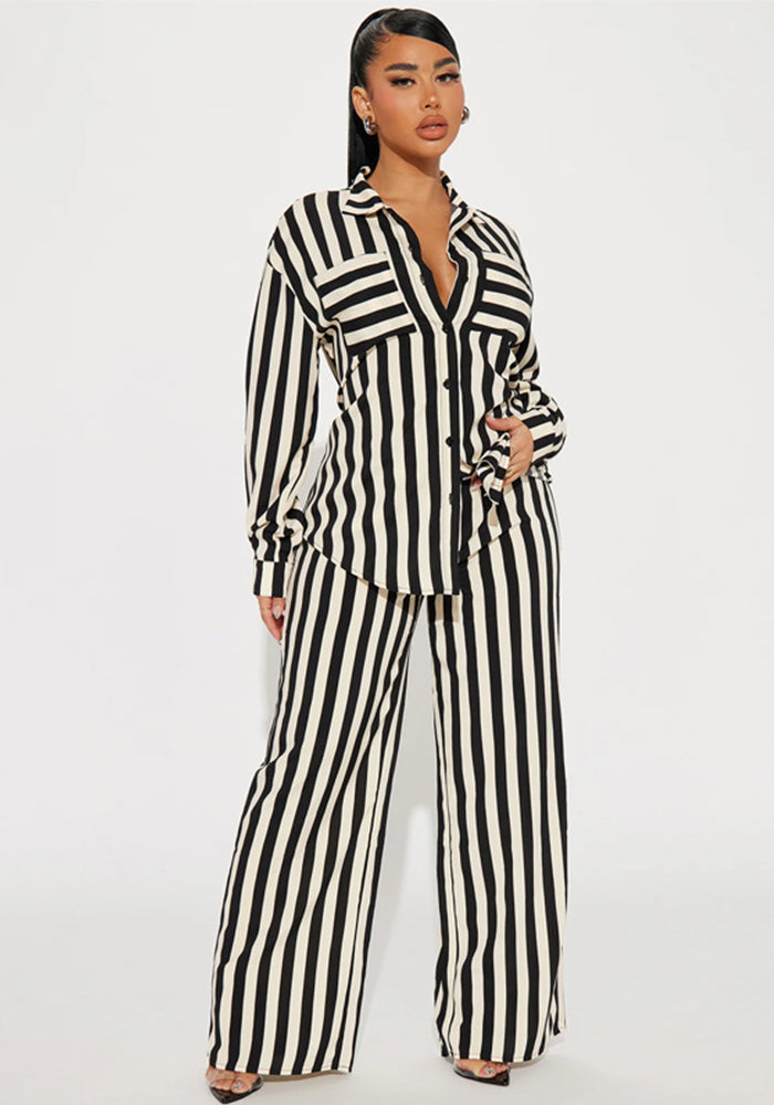 Women's Two Piece Fashion Casual Striped Button-Up Shirt Pants Two Piece Set