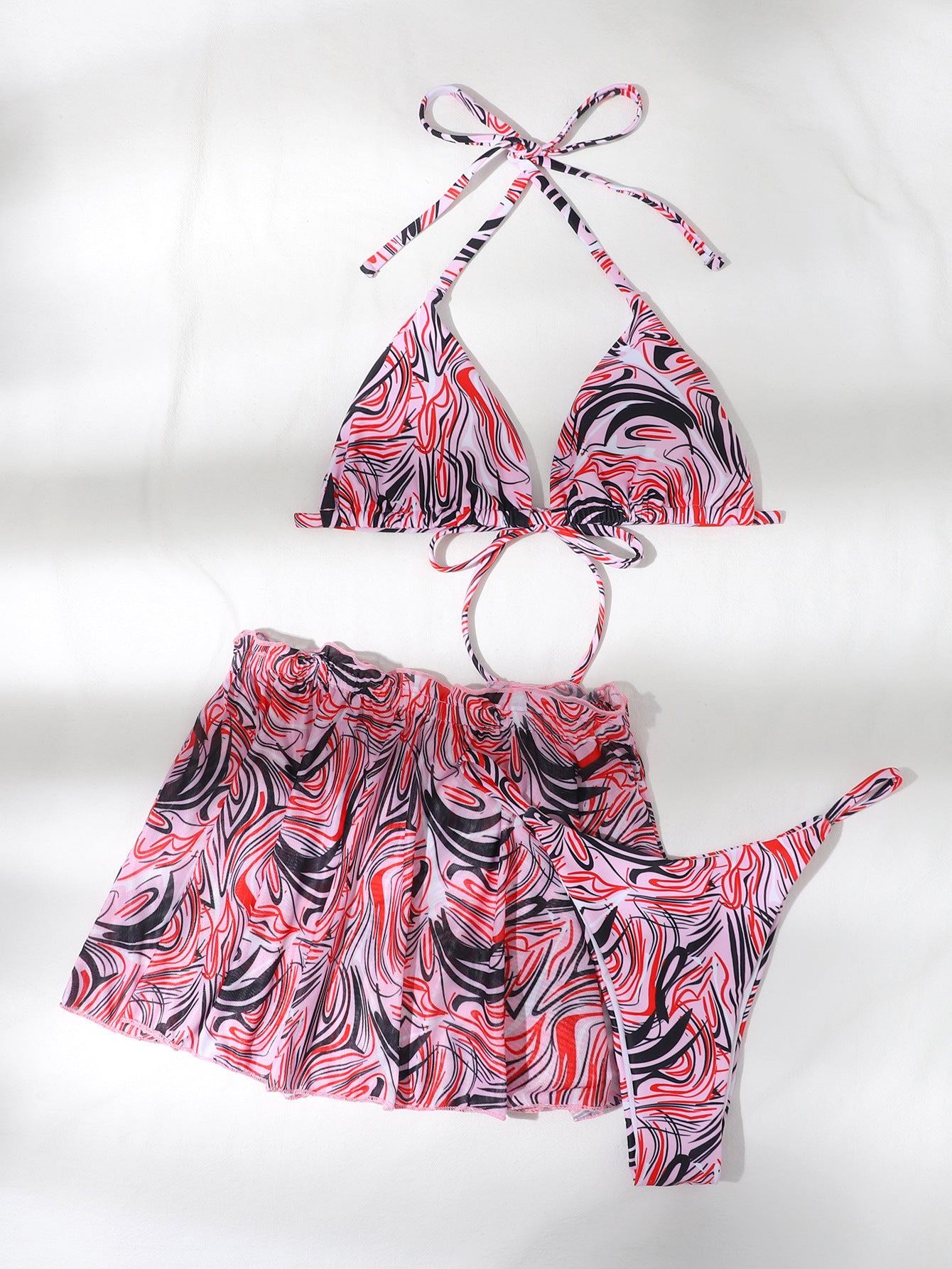 BamBam Women Irregular Printed Skirt Swimwear Three-Piece - BamBam