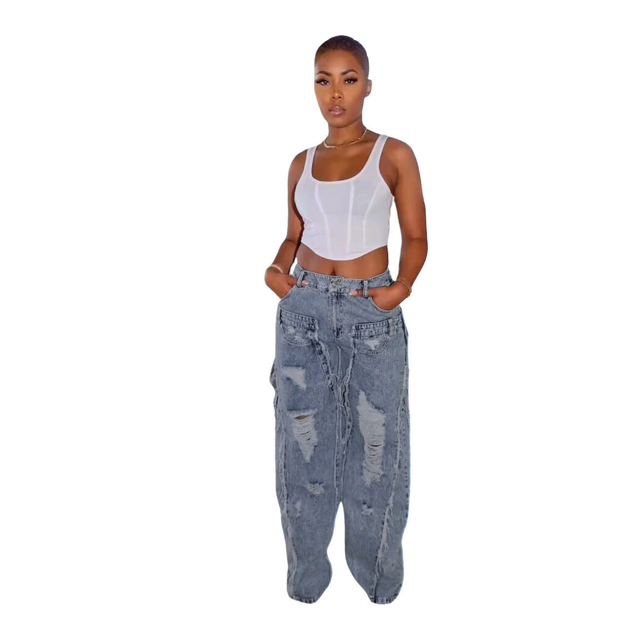 BamBam Women Ripped Casual Denim Straight Pants - BamBam