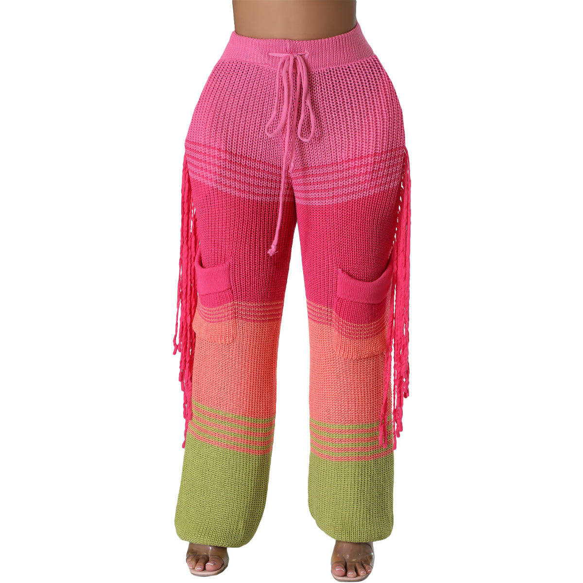 BamBam Women's Casual Style Knitting Colorblock Crochet Tassel Loose Straight Pants - BamBam