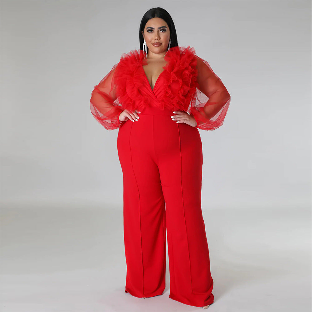 BamBam Sexy Deep V Solid Color Plus Size See-Through Long Sleeve Women Jumpsuit - BamBam Clothing