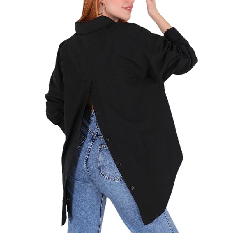 BamBam Women Solid Style Long Sleeve Back Slit Loose Shirt - BamBam