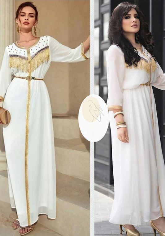 Muslim Summer Gold Webbing Fringe Bubble Bead Dress Without Belt