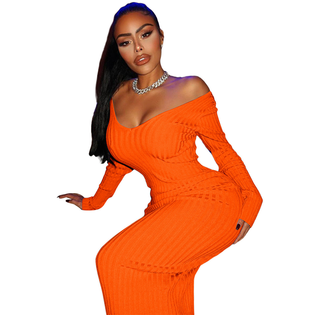 BamBam V-Neck Off-Shoulder Ribbed Slim Sexy Dress - BamBam Clothing