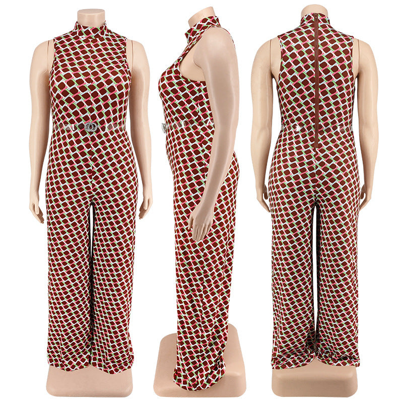 BamBam Plus Size Women Clothes Elegant Plaid Stand Collar Sleeveless Wide Leg Jumpsuit - BamBam Clothing