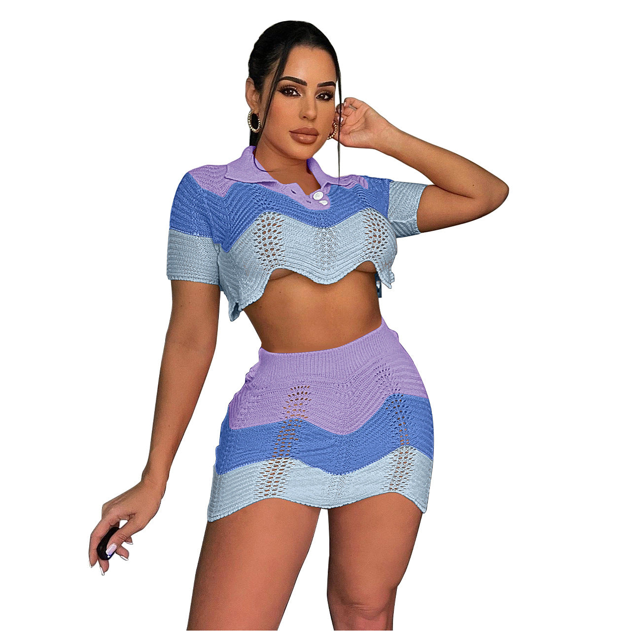 BamBam Women Kintting Colorblock Crop Top and Skrit Two-piece Set - BamBam