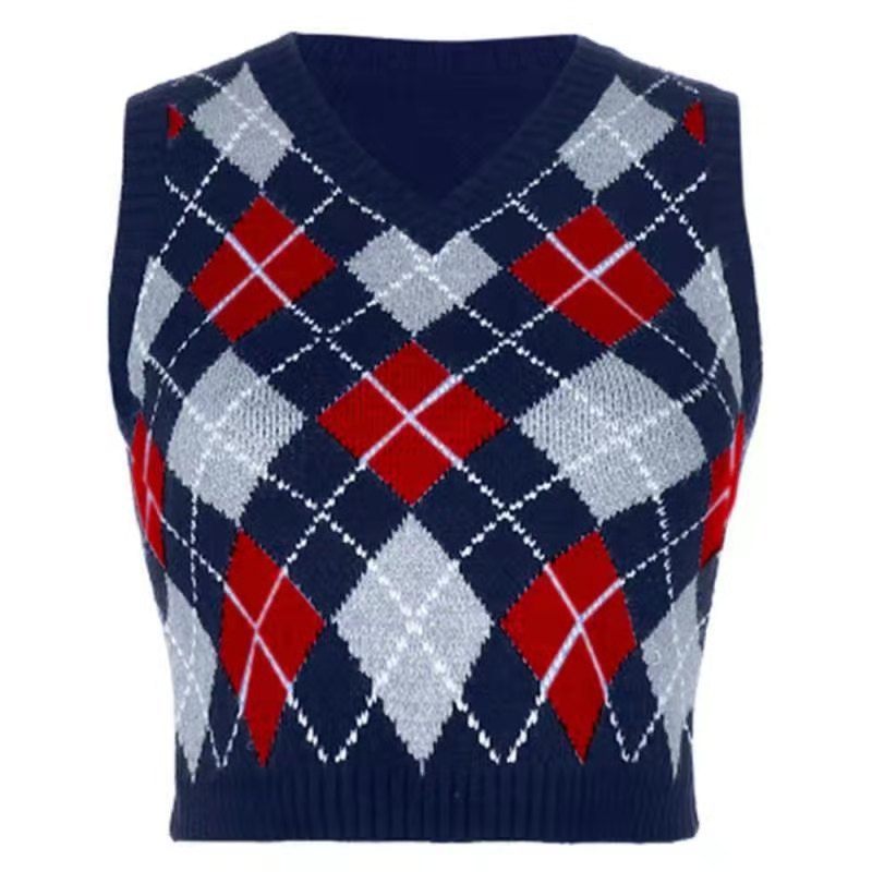 BamBam Women Solid Plaid Sleeveless V-Neck Sweater - BamBam