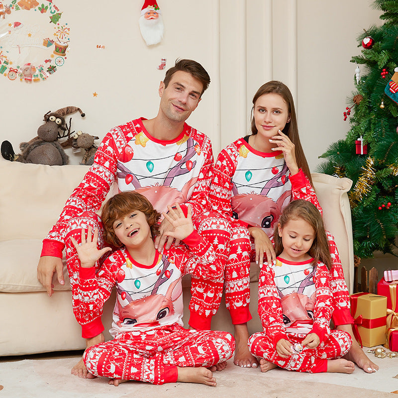 BamBam Christmas parent-child home clothes with deer print Round Neck long-sleeved Family Pajama two-piece set - BamBam