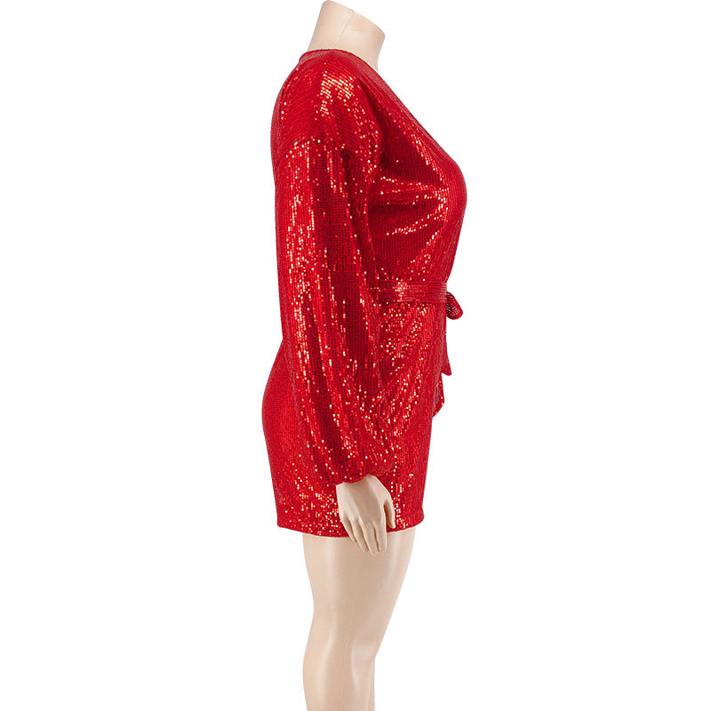 BamBam Plus Size Women's Sequins Long Sleeve V Neck Rompers - BamBam Clothing