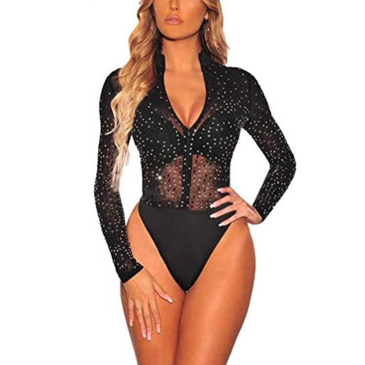 BamBam Transparent Mesh Sexy Black Rhinestone Zipper Turtleneck See-Through Tight Fitting Bodysuit - BamBam