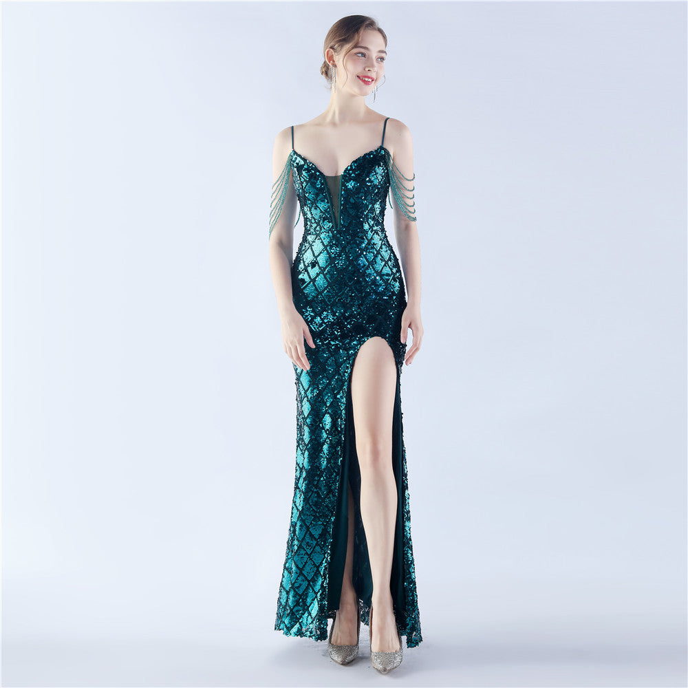 BamBam Women Herringbone Lace-Up Symphony Beaded Evening Dress - BamBam Clothing