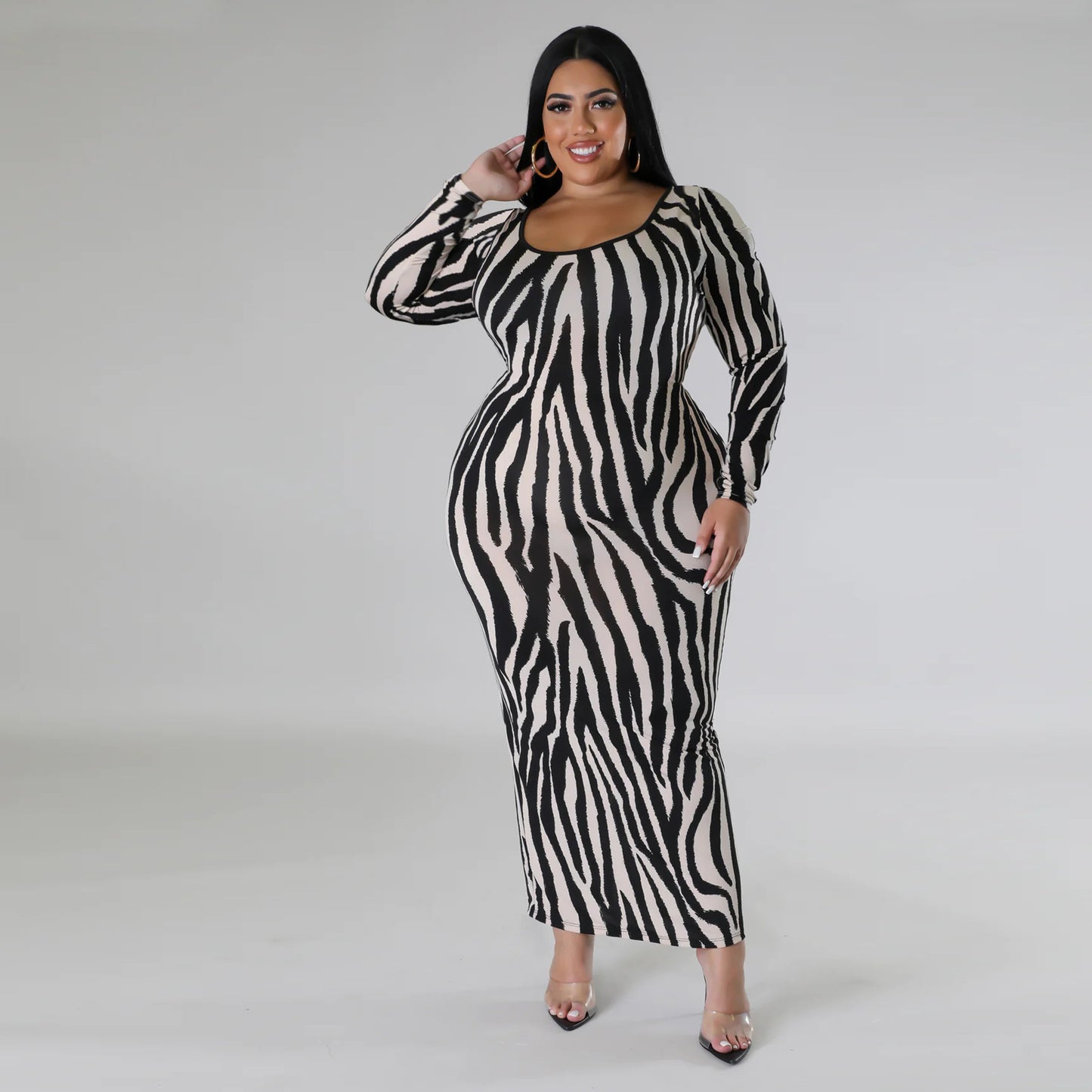 BamBam Plus Size Women Autumn Zebra Print Two-Wear Long Sleeve Dress - BamBam